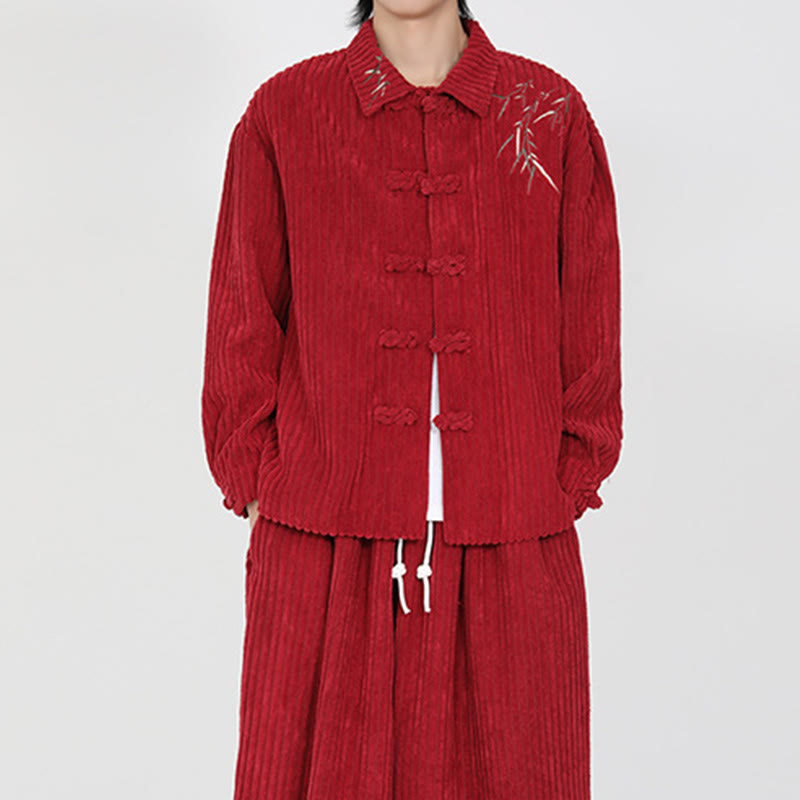 Embroidery Bamboo Pattern Frog-Button Desgin Long Sleeve Men's Cotton Corduroy Jacket - Image 17