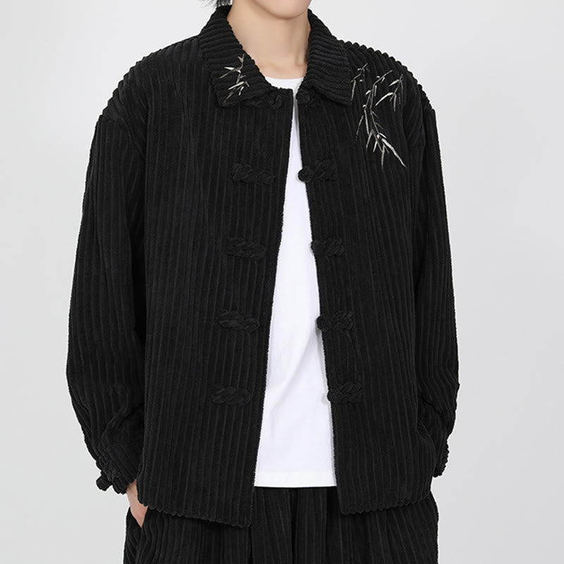 Embroidery Bamboo Pattern Frog-Button Desgin Long Sleeve Men's Cotton Corduroy Jacket - Image 6