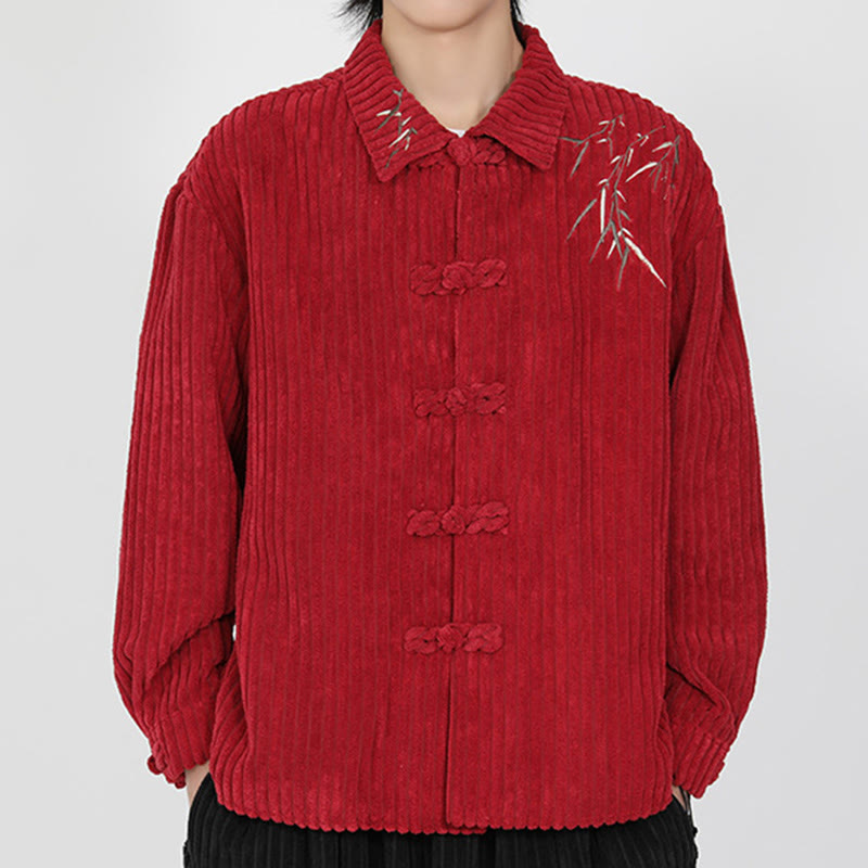 Embroidery Bamboo Pattern Frog-Button Desgin Long Sleeve Men's Cotton Corduroy Jacket - Image 10