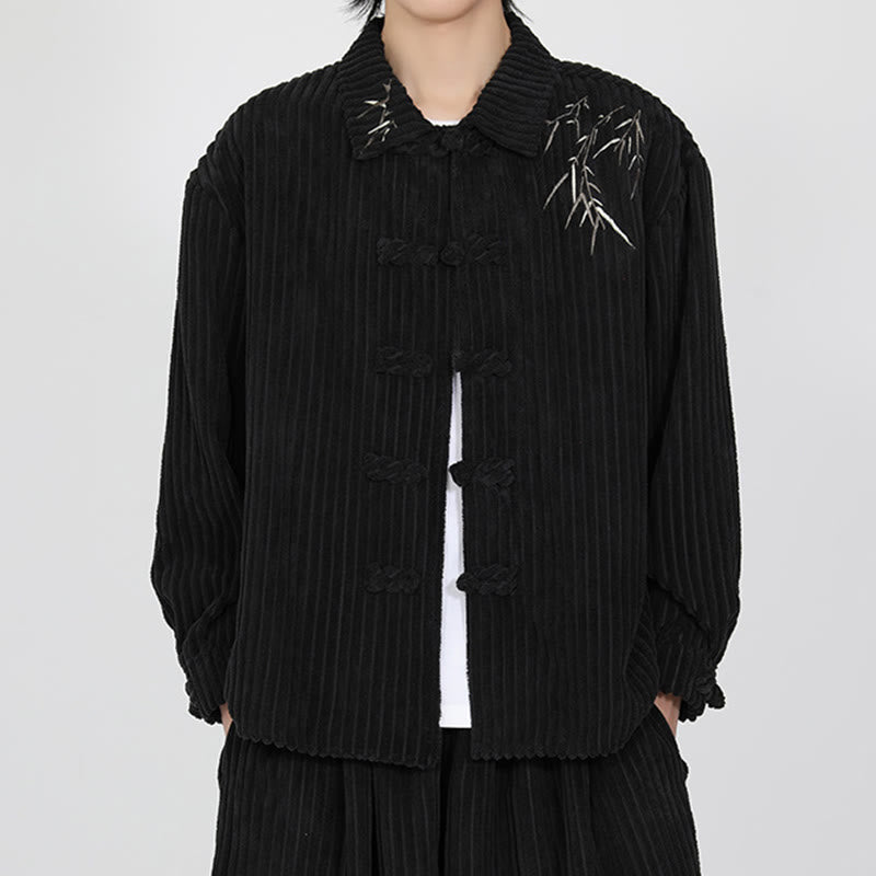 Embroidery Bamboo Pattern Frog-Button Desgin Long Sleeve Men's Cotton Corduroy Jacket - Image 2