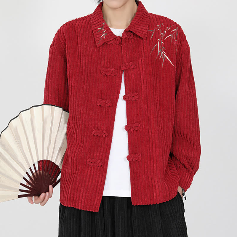 Embroidery Bamboo Pattern Frog-Button Desgin Long Sleeve Men's Cotton Corduroy Jacket - Image 15