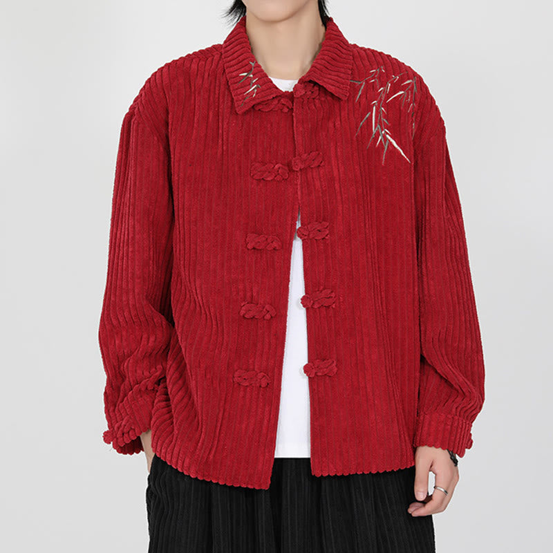 Embroidery Bamboo Pattern Frog-Button Desgin Long Sleeve Men's Cotton Corduroy Jacket - Image 13