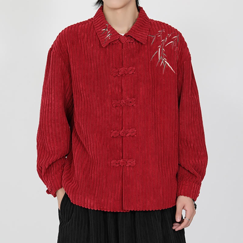 Embroidery Bamboo Pattern Frog-Button Desgin Long Sleeve Men's Cotton Corduroy Jacket - Image 11