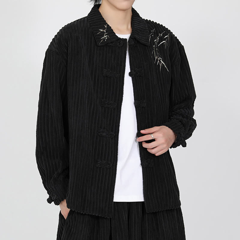 Embroidery Bamboo Pattern Frog-Button Desgin Long Sleeve Men's Cotton Corduroy Jacket - Image 4