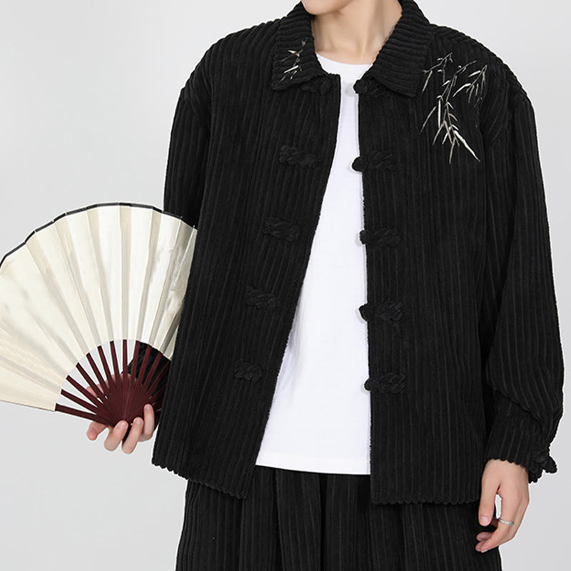 Embroidery Bamboo Pattern Frog-Button Desgin Long Sleeve Men's Cotton Corduroy Jacket - Image 7