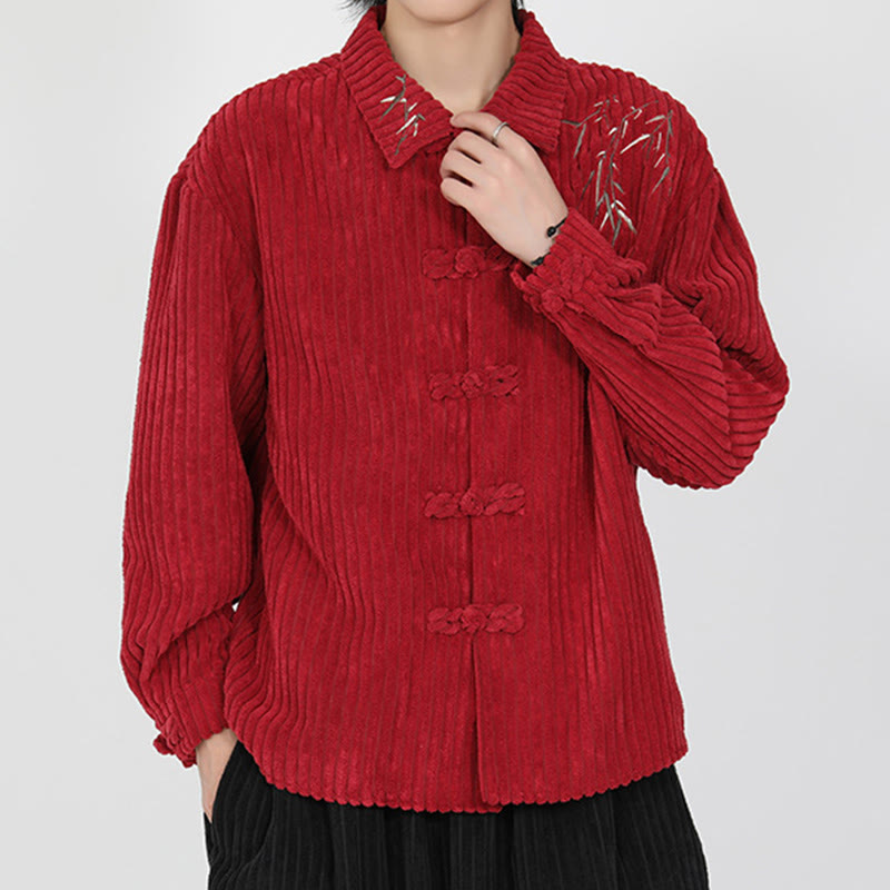 Embroidery Bamboo Pattern Frog-Button Desgin Long Sleeve Men's Cotton Corduroy Jacket - Image 12