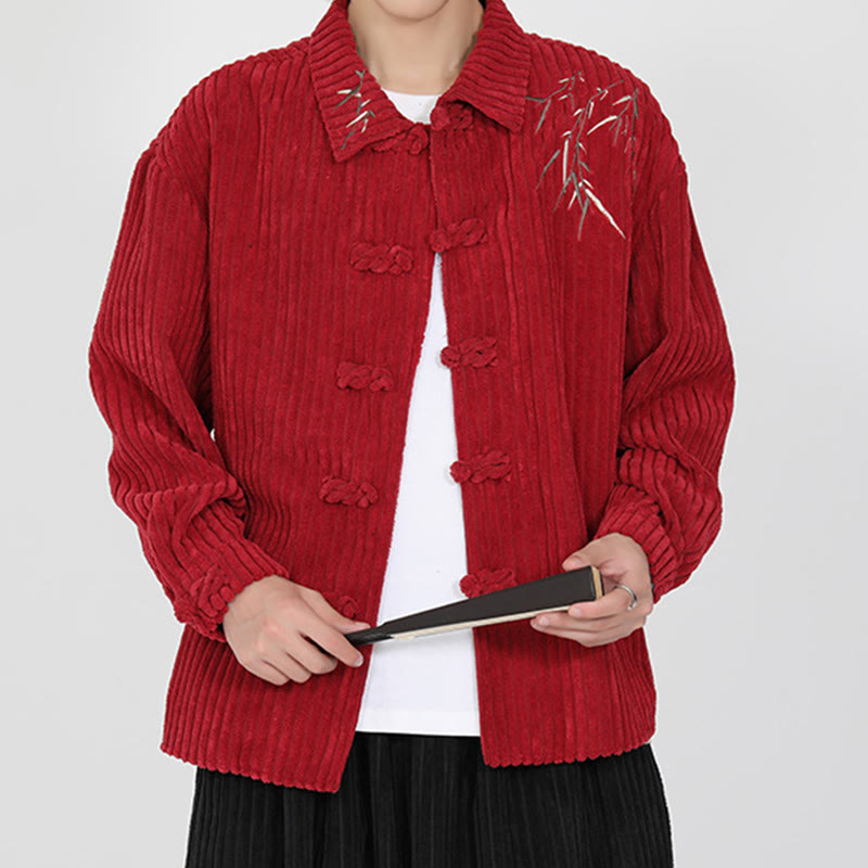 Embroidery Bamboo Pattern Frog-Button Desgin Long Sleeve Men's Cotton Corduroy Jacket - Image 14