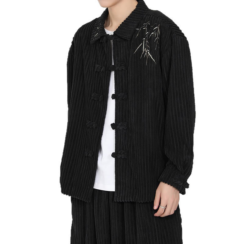 Embroidery Bamboo Pattern Frog-Button Desgin Long Sleeve Men's Cotton Corduroy Jacket - Image 9