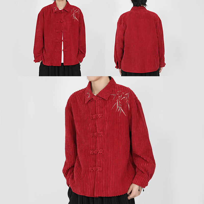 Embroidery Bamboo Pattern Frog-Button Desgin Long Sleeve Men's Cotton Corduroy Jacket - Image 20