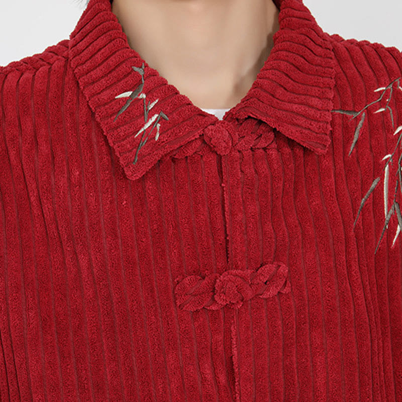 Embroidery Bamboo Pattern Frog-Button Desgin Long Sleeve Men's Cotton Corduroy Jacket - Image 18