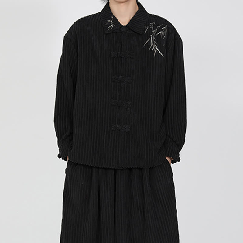Embroidery Bamboo Pattern Frog-Button Desgin Long Sleeve Men's Cotton Corduroy Jacket - Image 8