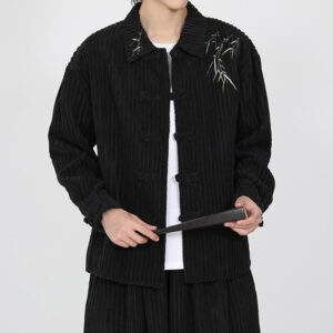 Embroidery Bamboo Pattern Frog-Button Desgin Long Sleeve Men's Cotton Corduroy Jacket