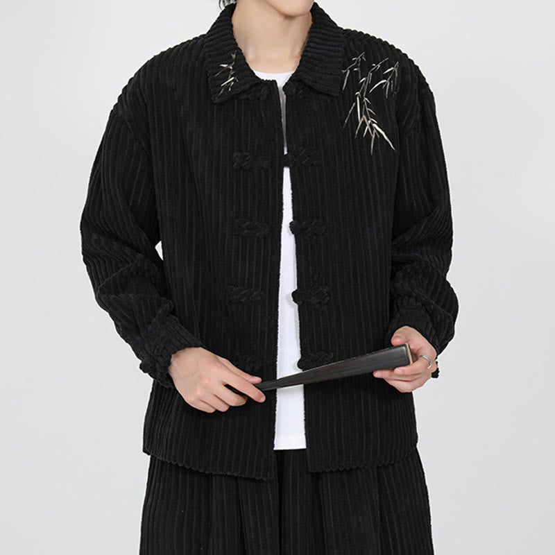 Embroidery Bamboo Pattern Frog-Button Desgin Long Sleeve Men's Cotton Corduroy Jacket