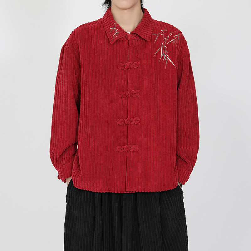 Embroidery Bamboo Pattern Frog-Button Desgin Long Sleeve Men's Cotton Corduroy Jacket - Image 16
