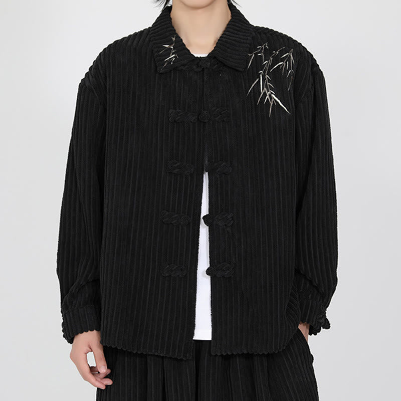 Embroidery Bamboo Pattern Frog-Button Desgin Long Sleeve Men's Cotton Corduroy Jacket - Image 3