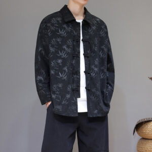 Jacquard Leaves Pattern Frog-Button Long Sleeve Men's Cotton Tang Suit Jacket
