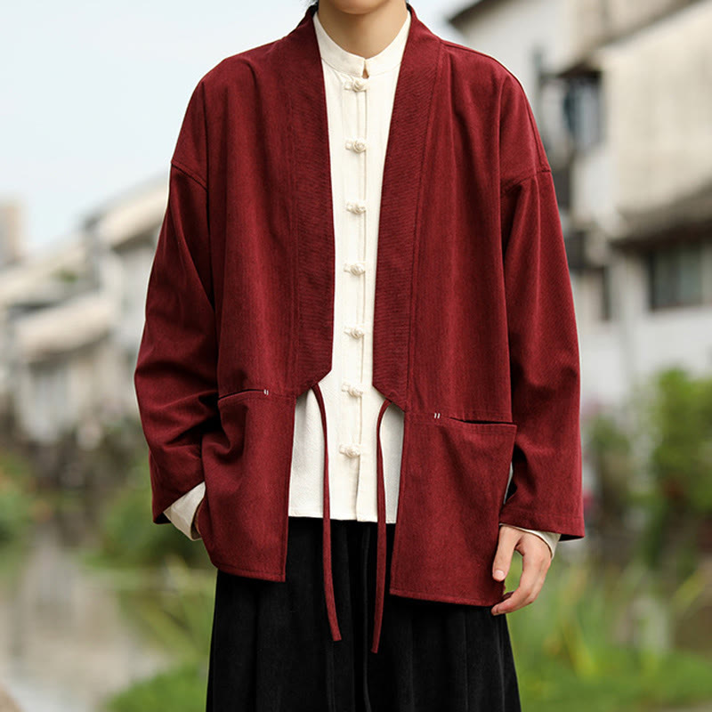 Solid Color Open Front Long Sleeve Jacket Men's Cotton Corduroy Kimono With Pockets - Image 10