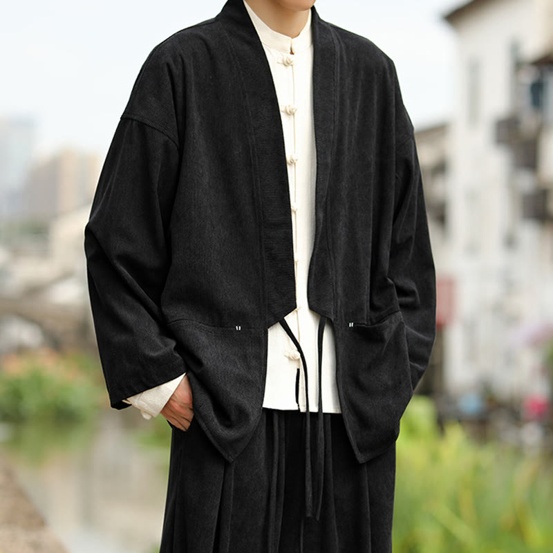 Solid Color Open Front Long Sleeve Jacket Men's Cotton Corduroy Kimono With Pockets - Image 19