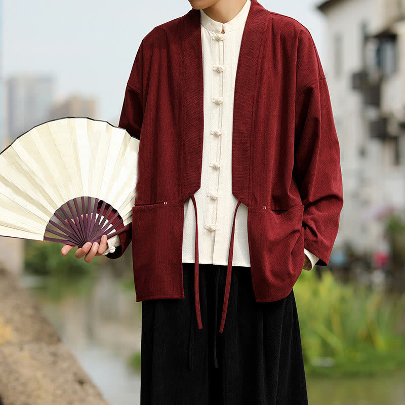 Solid Color Open Front Long Sleeve Jacket Men's Cotton Corduroy Kimono With Pockets - Image 9