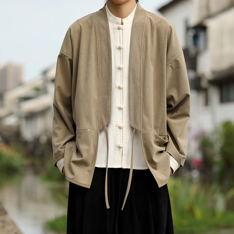 Solid Color Open Front Long Sleeve Jacket Men's Cotton Corduroy Kimono With Pockets - Image 2