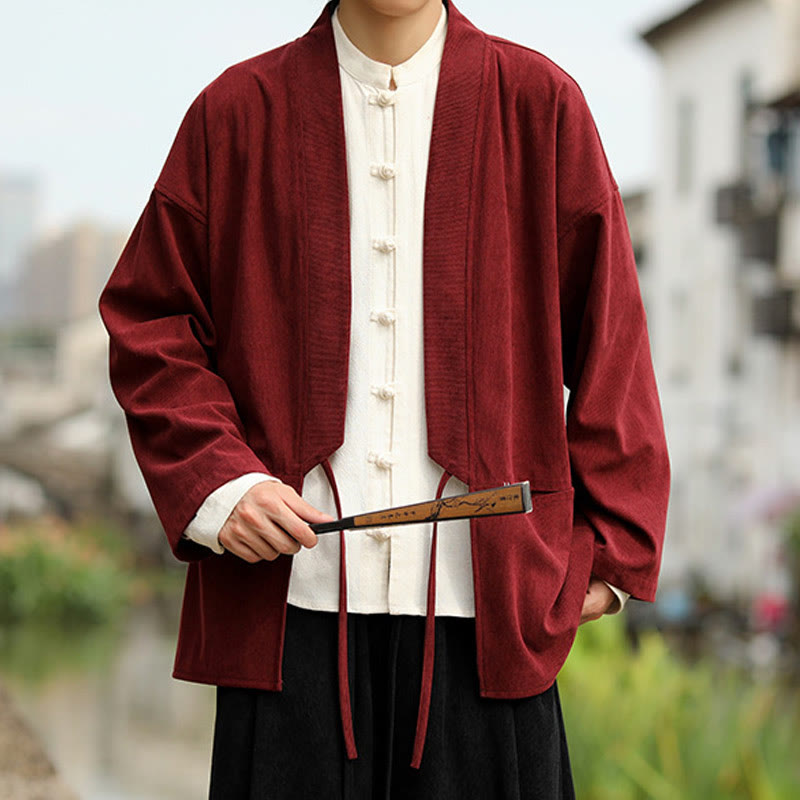 Solid Color Open Front Long Sleeve Jacket Men's Cotton Corduroy Kimono With Pockets - Image 13