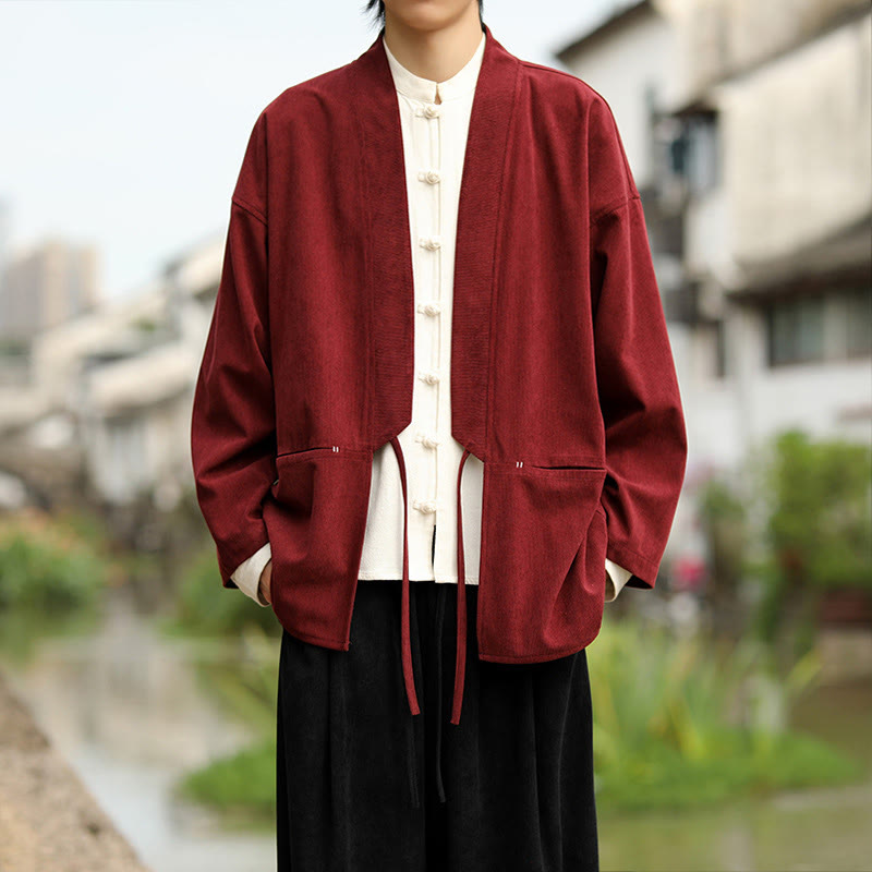 Solid Color Open Front Long Sleeve Jacket Men's Cotton Corduroy Kimono With Pockets - Image 8