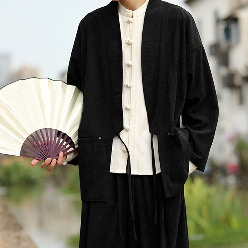 Solid Color Open Front Long Sleeve Jacket Men's Cotton Corduroy Kimono With Pockets - Image 16