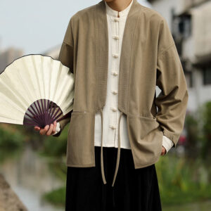 Solid Color Open Front Long Sleeve Jacket Men's Cotton Corduroy Kimono With Pockets