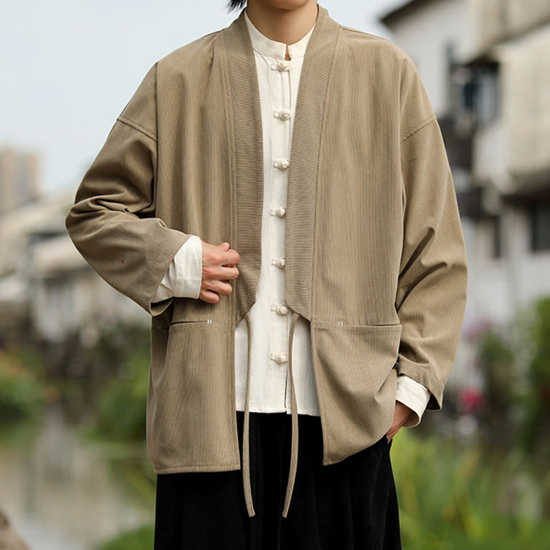 Solid Color Open Front Long Sleeve Jacket Men's Cotton Corduroy Kimono With Pockets - Image 5