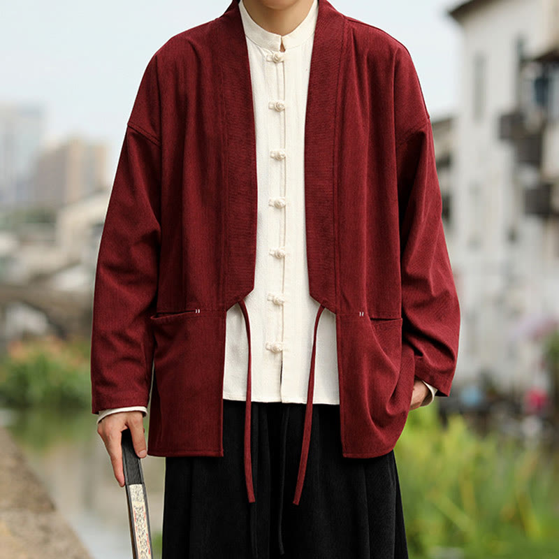 Solid Color Open Front Long Sleeve Jacket Men's Cotton Corduroy Kimono With Pockets - Image 12