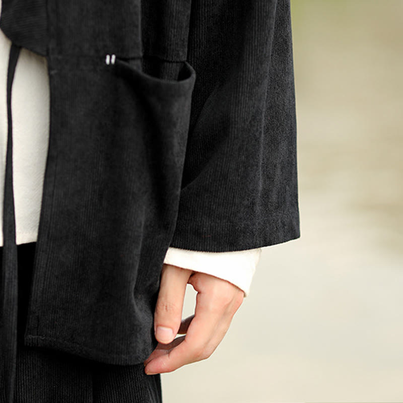 Solid Color Open Front Long Sleeve Jacket Men's Cotton Corduroy Kimono With Pockets - Image 23