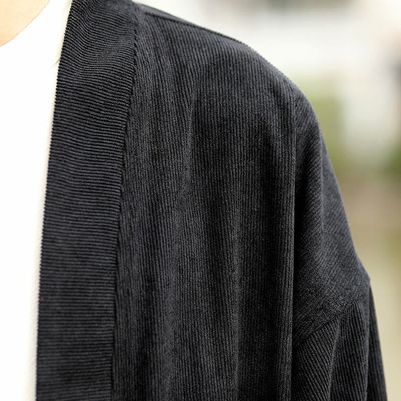 Solid Color Open Front Long Sleeve Jacket Men's Cotton Corduroy Kimono With Pockets - Image 20