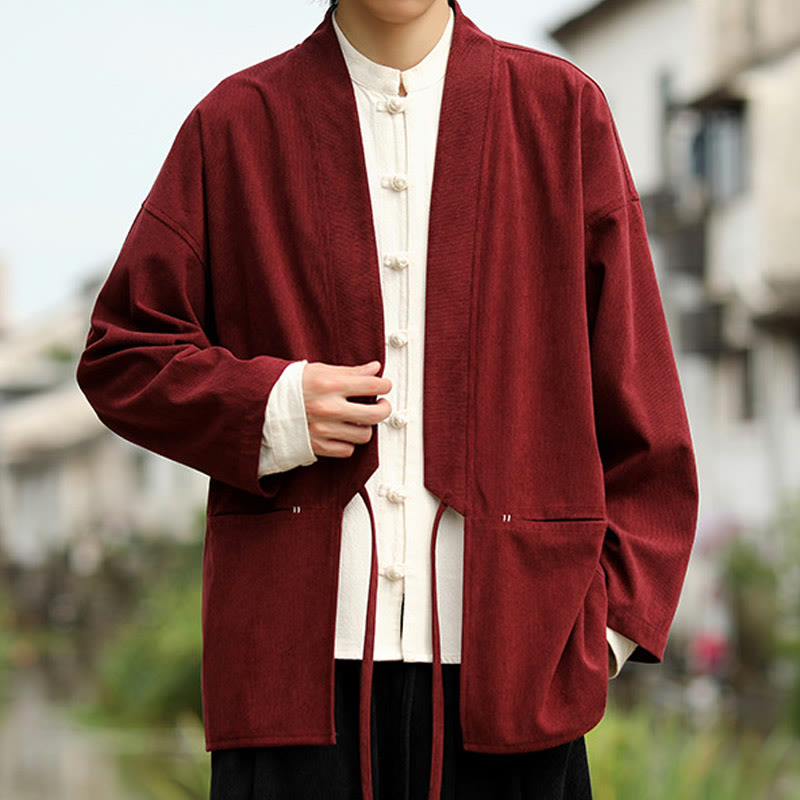 Solid Color Open Front Long Sleeve Jacket Men's Cotton Corduroy Kimono With Pockets - Image 11