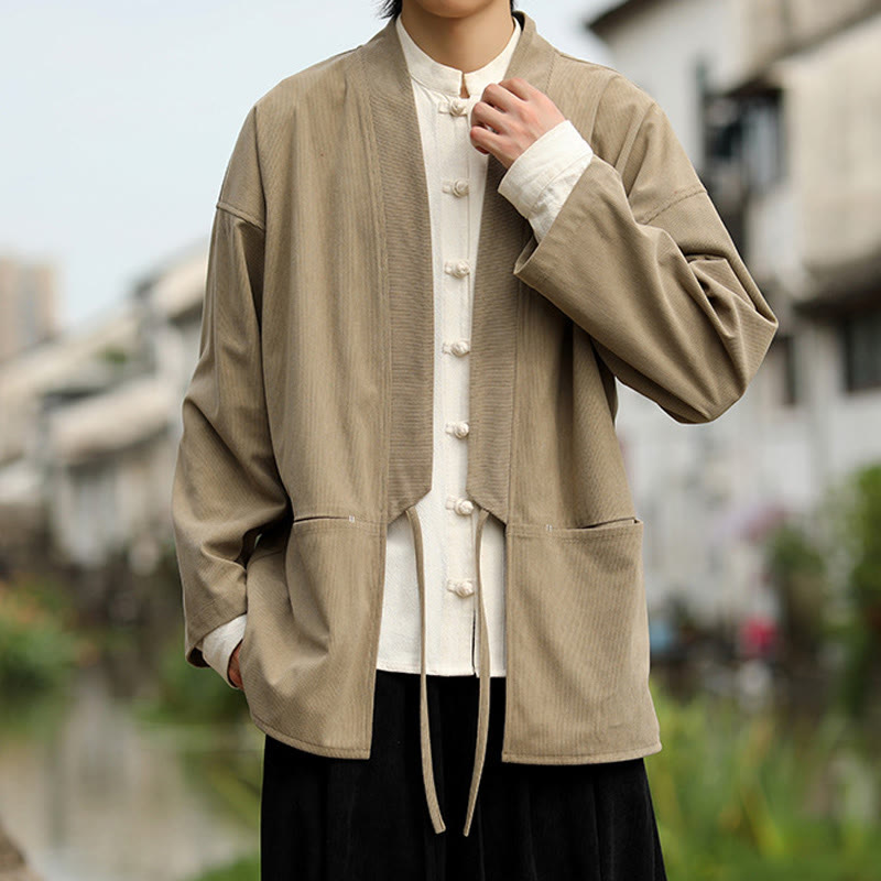Solid Color Open Front Long Sleeve Jacket Men's Cotton Corduroy Kimono With Pockets - Image 7
