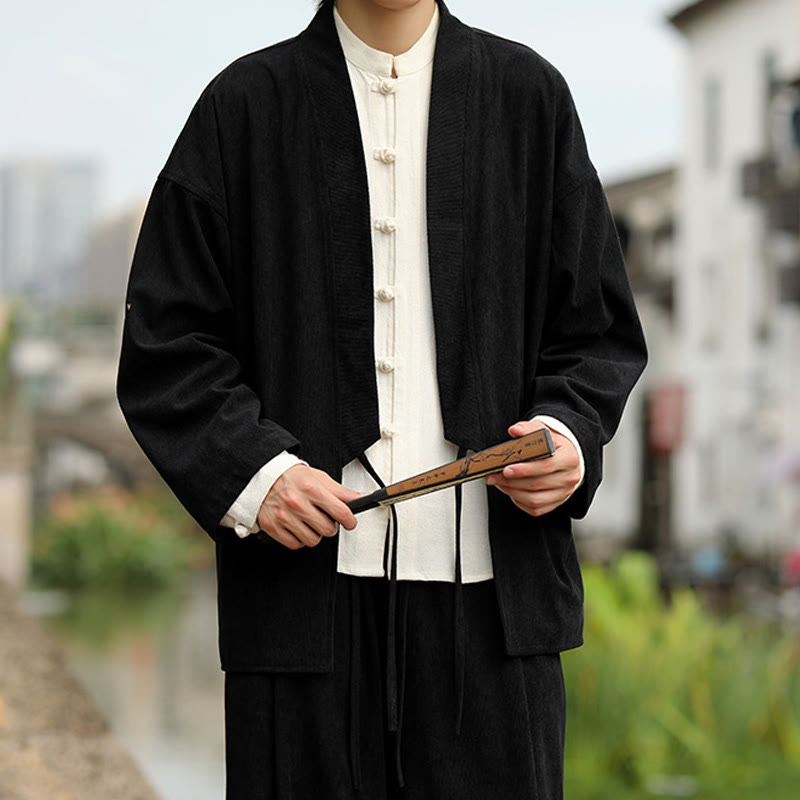 Solid Color Open Front Long Sleeve Jacket Men's Cotton Corduroy Kimono With Pockets - Image 15