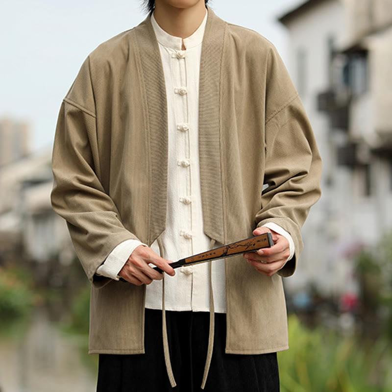 Solid Color Open Front Long Sleeve Jacket Men's Cotton Corduroy Kimono With Pockets - Image 6