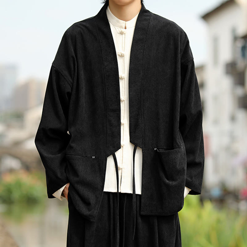 Solid Color Open Front Long Sleeve Jacket Men's Cotton Corduroy Kimono With Pockets - Image 14