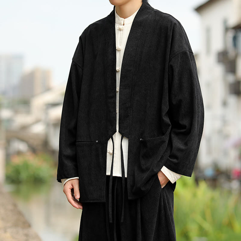Solid Color Open Front Long Sleeve Jacket Men's Cotton Corduroy Kimono With Pockets - Image 17