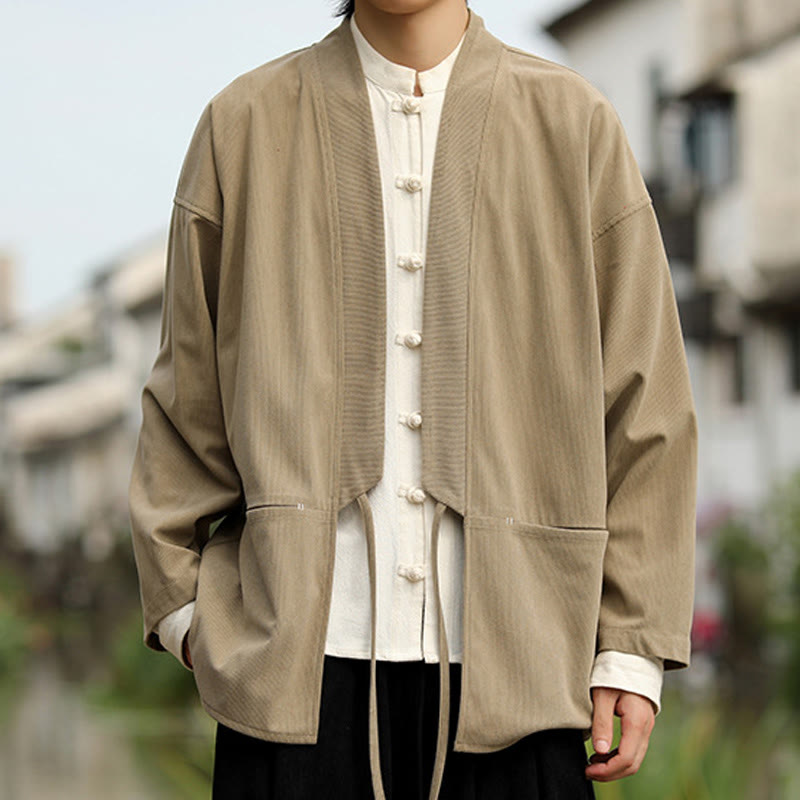 Solid Color Open Front Long Sleeve Jacket Men's Cotton Corduroy Kimono With Pockets - Image 4