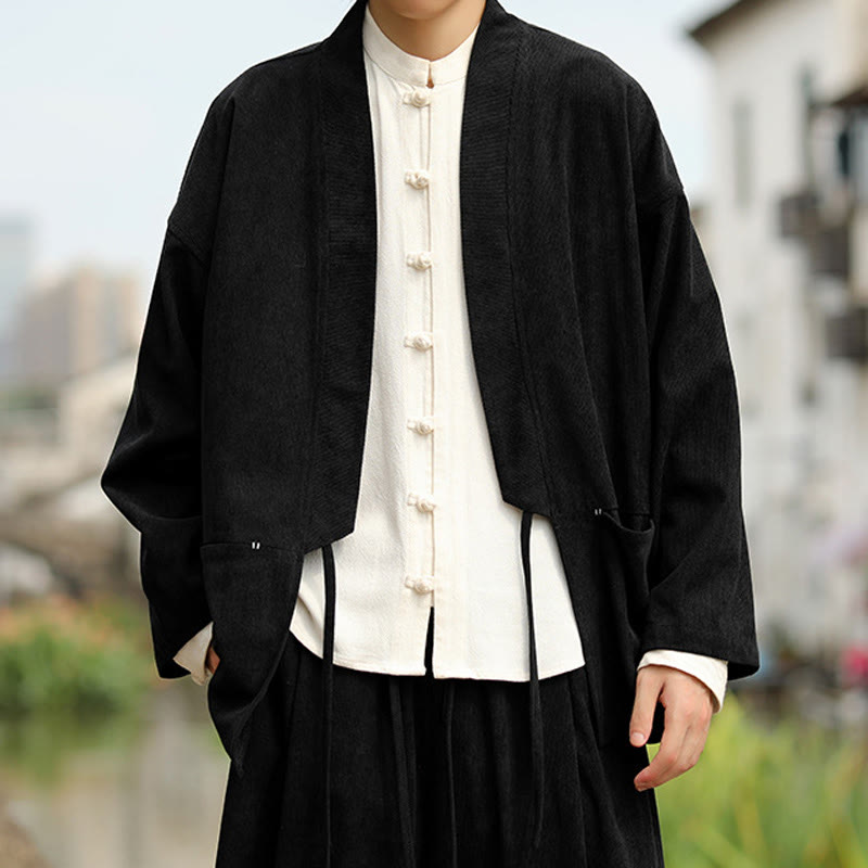 Solid Color Open Front Long Sleeve Jacket Men's Cotton Corduroy Kimono With Pockets - Image 18