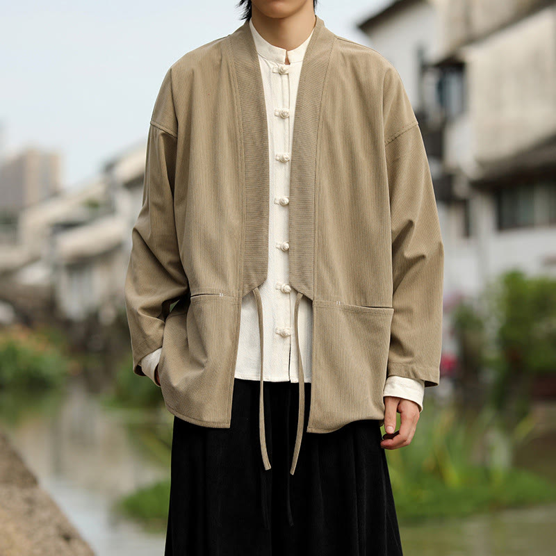 Solid Color Open Front Long Sleeve Jacket Men's Cotton Corduroy Kimono With Pockets - Image 3