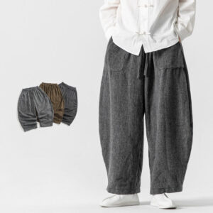 Daily Solid Color Drawstring Design Men's Wide Leg Cotton Pants With Pockets