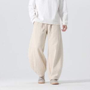 Daily Drawstring Chinese Zen Style Men's Wide Leg Pure Cotton Pants With Pockets