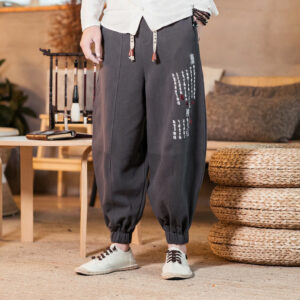 Embroidered Chinese Character Pattern Men's Cotton Pants With Pockets