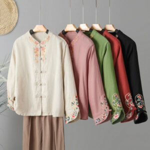 Casual Women's Embroidery Long Sleeve Stand Collar Cotton Shirt