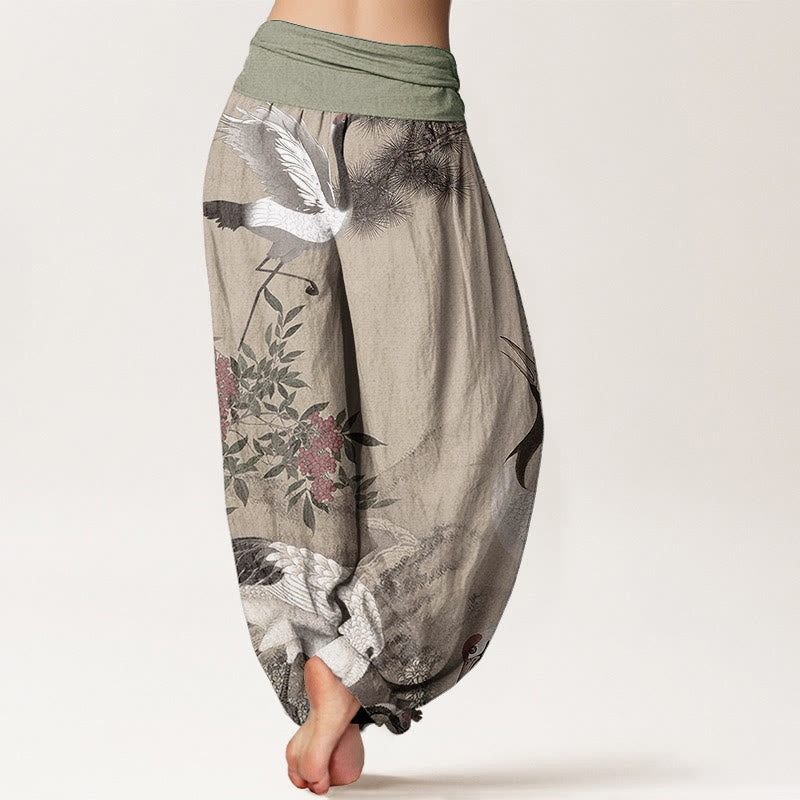 Pure Cotton Casual Red-crowned Crane Pine Tree Mountain Women's Elastic Waist Harem Pants - Image 2