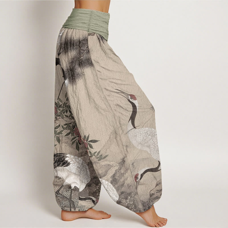 Pure Cotton Casual Red-crowned Crane Pine Tree Mountain Women's Elastic Waist Harem Pants - Image 3