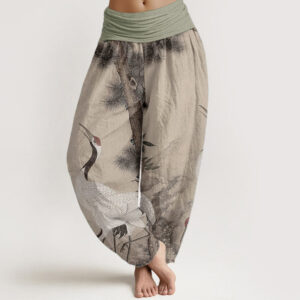 Pure Cotton Casual Red-crowned Crane Pine Tree Mountain Women's Elastic Waist Harem Pants