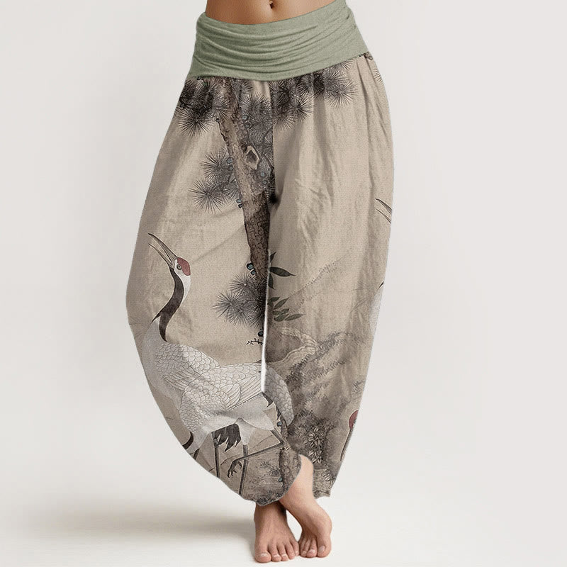 Pure Cotton Casual Red-crowned Crane Pine Tree Mountain Women's Elastic Waist Harem Pants