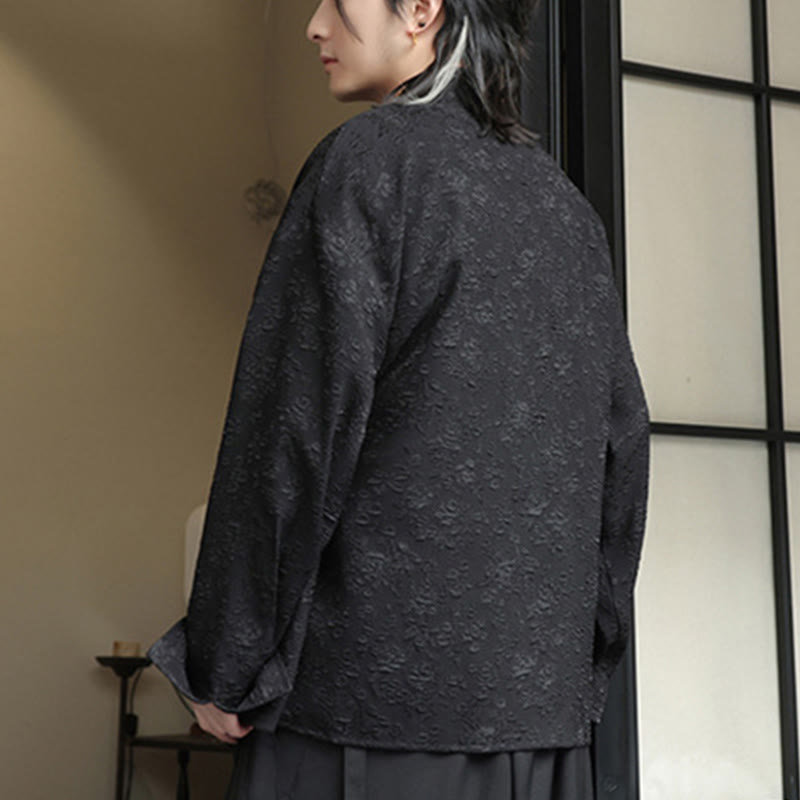 Spring V-Neck Floral Men's Lace-up Design Long Sleeve Shirt - Image 3